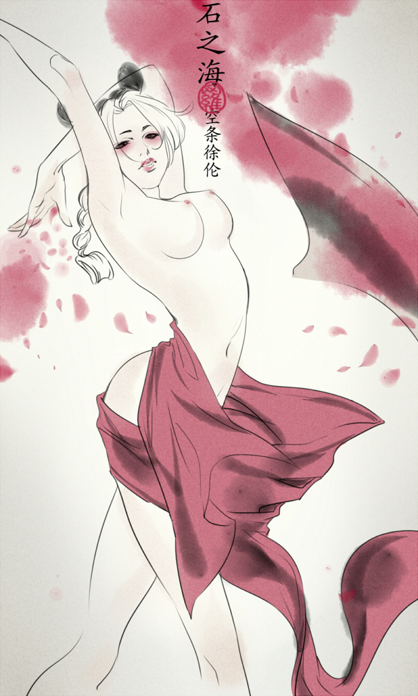 arms_above_head arms_behind_head blush blushing blushing_at_viewer braid breasts cloth_coreving_hips emg_(christain) fabric female female_only jojo's_bizarre_adventure jolyne_kujo looking_at_viewer petals pink_lips pink_lipstick pink_nipples slim slim_waist slime_girl solo stone_ocean tagme