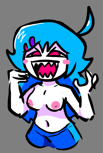 areolae blue_hair blush blush_stickers evil_smile faker_sky faker_sky_(friday_night_funkin) friday_night_funkin friday_night_funkin_mod hairclip open_mouth sharp_teeth skyverse smiling solo tagme topless white_skin