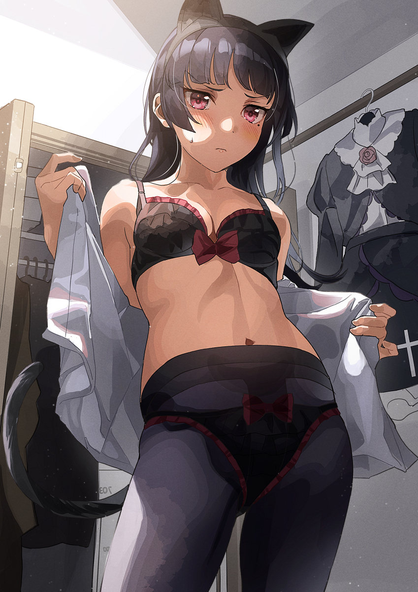 1girl 1girls animal_ears black_bra black_hair black_legwear black_panties blush bow bow_bra bow_panties bra breasts cat_ears cat_girl clothing female from_below gokou_ruri gothic_lolita lolita_fashion long_hair matching_underwear midriff mole mole_under_eye navel ore_no_imouto_ga_konna_ni_kawaii_wake_ga_nai panties panties_under_pantyhose pantyhose shirt standing tipii underwear white_shirt