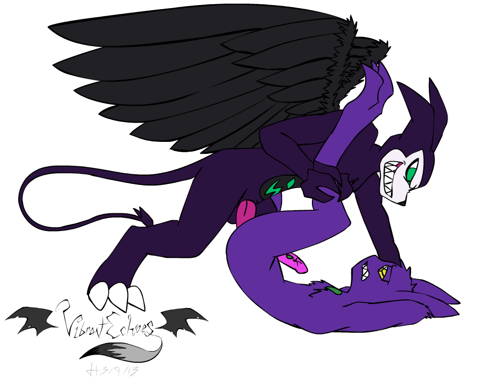 buggery claws color crossover digimon foxred64 fur furry gay impmon interspecies male male_only multiple_males no_humans on_back penis pokemon rail sableye sex side_view wings yaoi