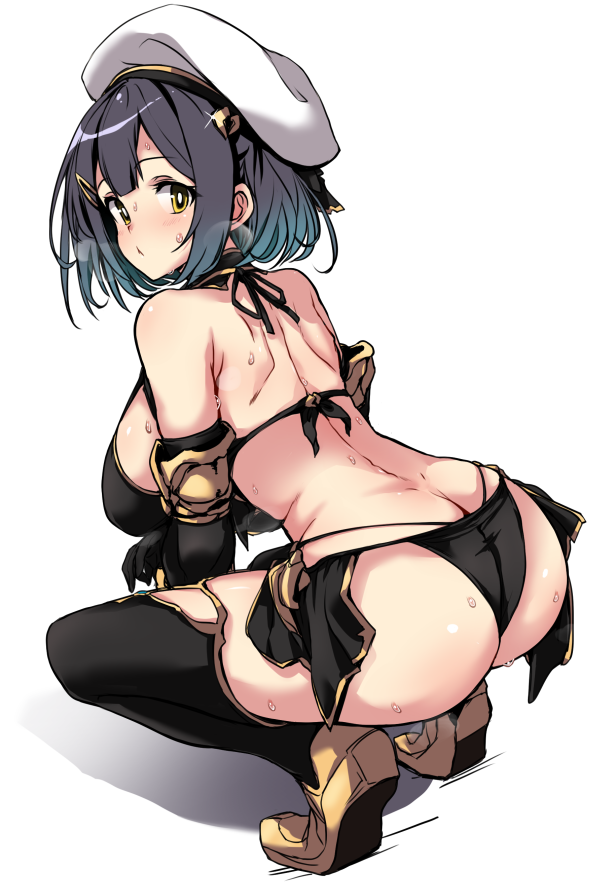 armor armored_gloves back back_view beret bikini_armor blush character_request hirowa_nagi huge_ass large_breasts leggings looking_back rear_view squatting transparent_background very_sweaty