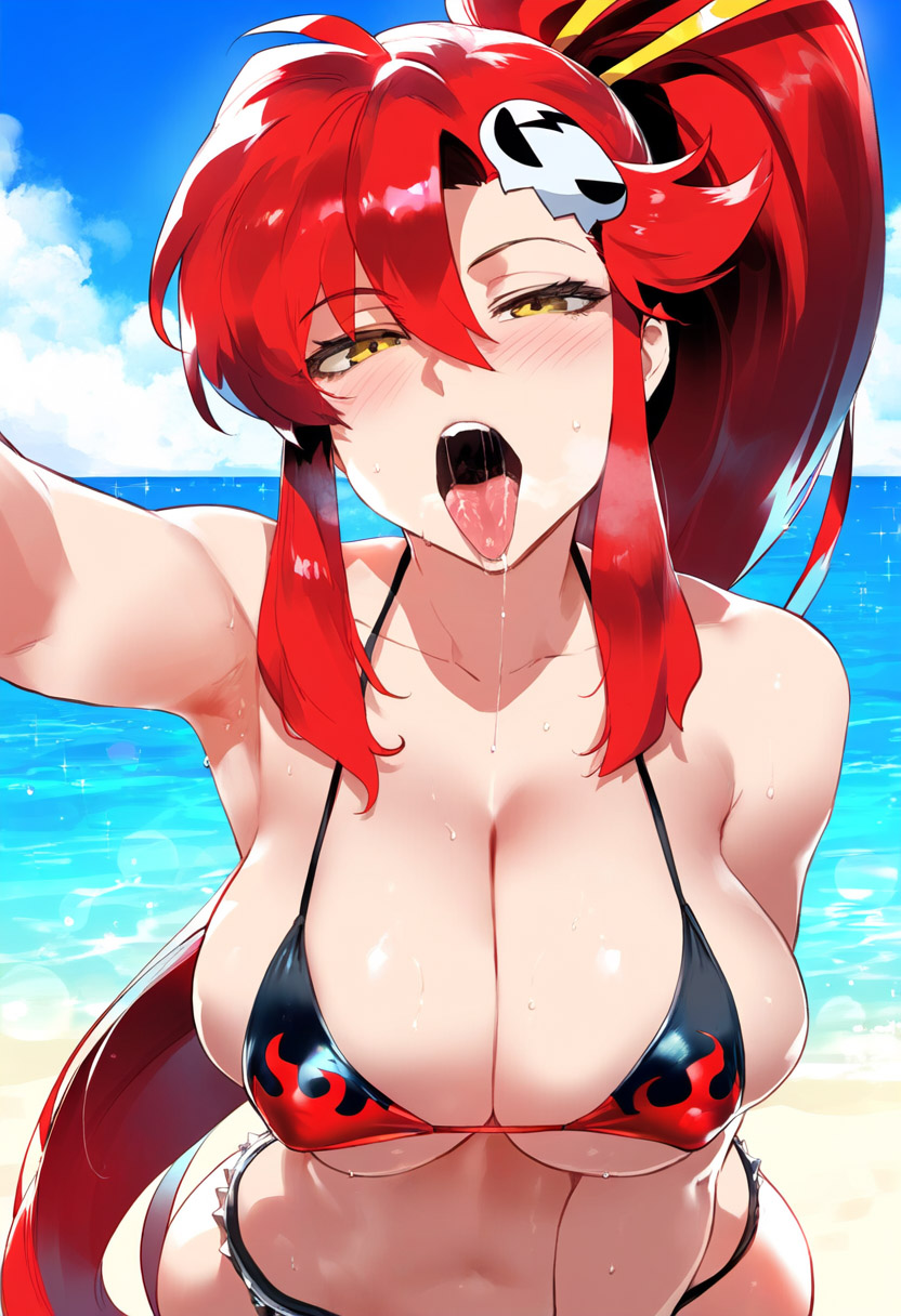 1girls, ahegao, ai generated, bangs, beach, bikini, blush, breasts, cleavage, collarbone, day, deep cleavage, depressu, fellatio gesture, female, full cleavage, hair between eyes, hair ornament, heart, large breasts, long hair, looking at viewer, navel, ocean, open mouth, ponytail, red hair, shorts, sidelocks, skull hair ornament, solo, sweat, swimsuit, symbol-shaped pupils, tengen toppa gurren lagann, tongue, tongue out, very long hair, yellow eyes, yoko littner