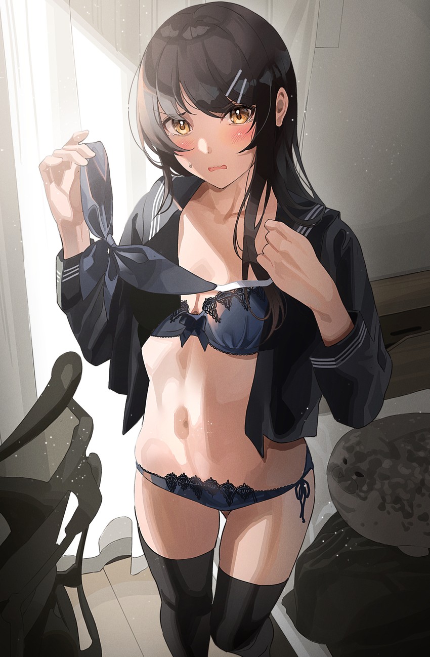 1girls ass_visible_through_thighs black_hair black_legwear black_shirt black_thighhighs blue_bow blue_bra blue_panties blush bow bow_bra bra breasts brown_eyes clothing commentary_request feet_out_of_frame female hair_ornament hairclip hairclip_girl_(tipii) highres indoors long_hair long_sleeves looking_at_viewer matching_underwear no_pants open_clothes open_mouth open_shirt original panties parted_lips school_uniform serafuku shirt skirt small_breasts solo standing tears thighhighs tipii underwear undressing unworn_skirt yellow_eyes