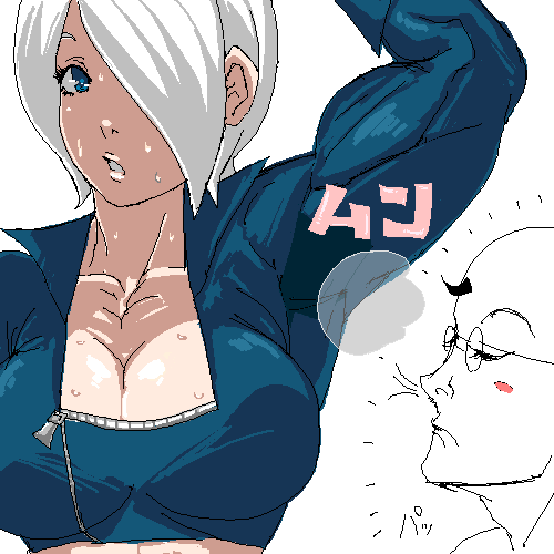 alternate_muscle_size angel_(kof) armpits bad_id bad_pixiv_id blue_eyes breasts cleavage crop_top female hair_over_one_eye king_of_fighters large_breasts lowres muscular muscular_female short_hair smell solo sweat white_hair zangi