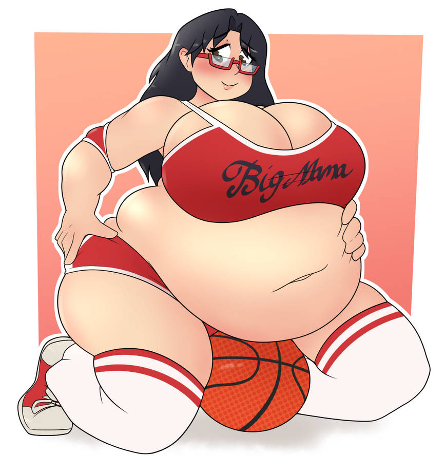 1girls 2b_labs ass_expansion basketball belly_expansion big_ass big_belly big_breasts black_hair breast_expansion cleavage glasses light-skinned_female long_hair navel shoulder_pads sneakers sports_bra sports_shorts sportswear thighhighs