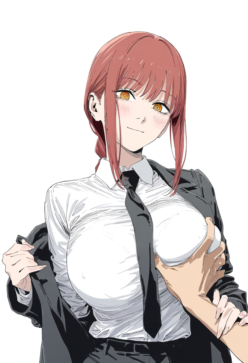 ai_generated big_breasts blush bob_cut bra breast_grab breast_squeeze breast_squish chainsaw_man choku_to-san_no_kyonyū glowing_eyes grabbing_arm grabbing_breasts groping horny horny_female long_hair looking_at_viewer makima_(chainsaw_man) office_lady open_jacket red_hair smiling smiling_at_viewer