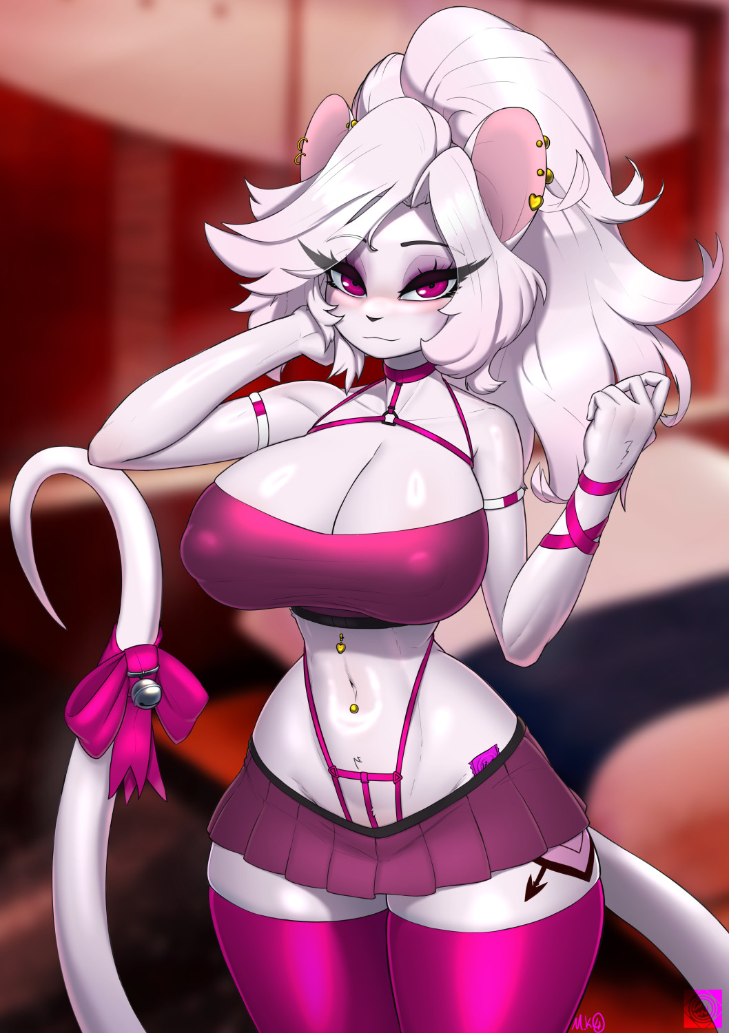 2020s 2024 2d 2d_(artwork) 5_fingers anthro anthro_only bell_on_tail big_breasts big_thighs breasts child_bearing_hips cleavage ear_piercing eyebrows eyelashes female female_focus female_only fur furry furry_only furry_tail hi_res highres hips large_breasts large_thighs long_hair looking_at_viewer manedkitsune nipple_bulge original original_character panties pink_eyeshadow pink_thighhighs ponytail rat rat_girl rat_tail red_eyes ribbon ribbon_on_tail skimpy slim_waist slutty_outfit smile smiling solo solo_female solo_focus thick_thighs thighhighs thighs thong_straps white_fur white_hair wide_hips