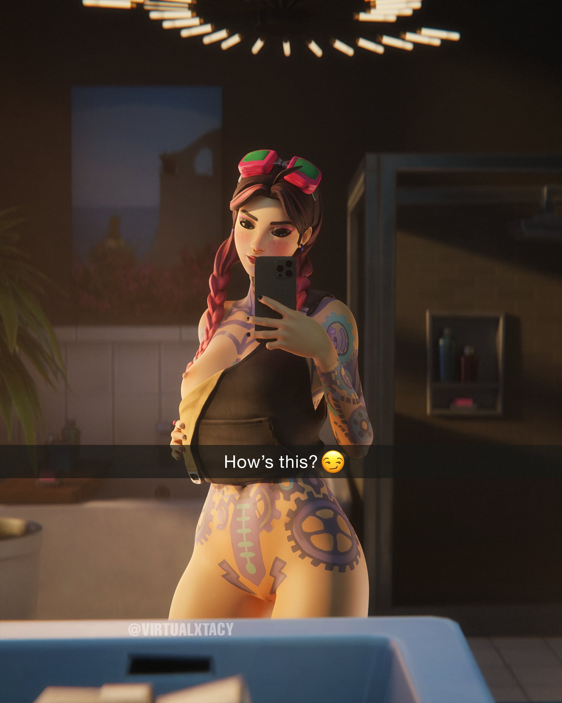 3d, 3d (artwork), beach jules, bottomless, bottomless female, breasts, cowlick, exposed breasts, female, fortnite, functionally nude, functionally nude female, goggles, goggles on head, half-dressed, jules (fortnite), looking at phone, multicolored hair, no panties, nose ring, pussy, selfie, snapchat, tattoo, tattoos, tattoos everywhere, virtualxtacy