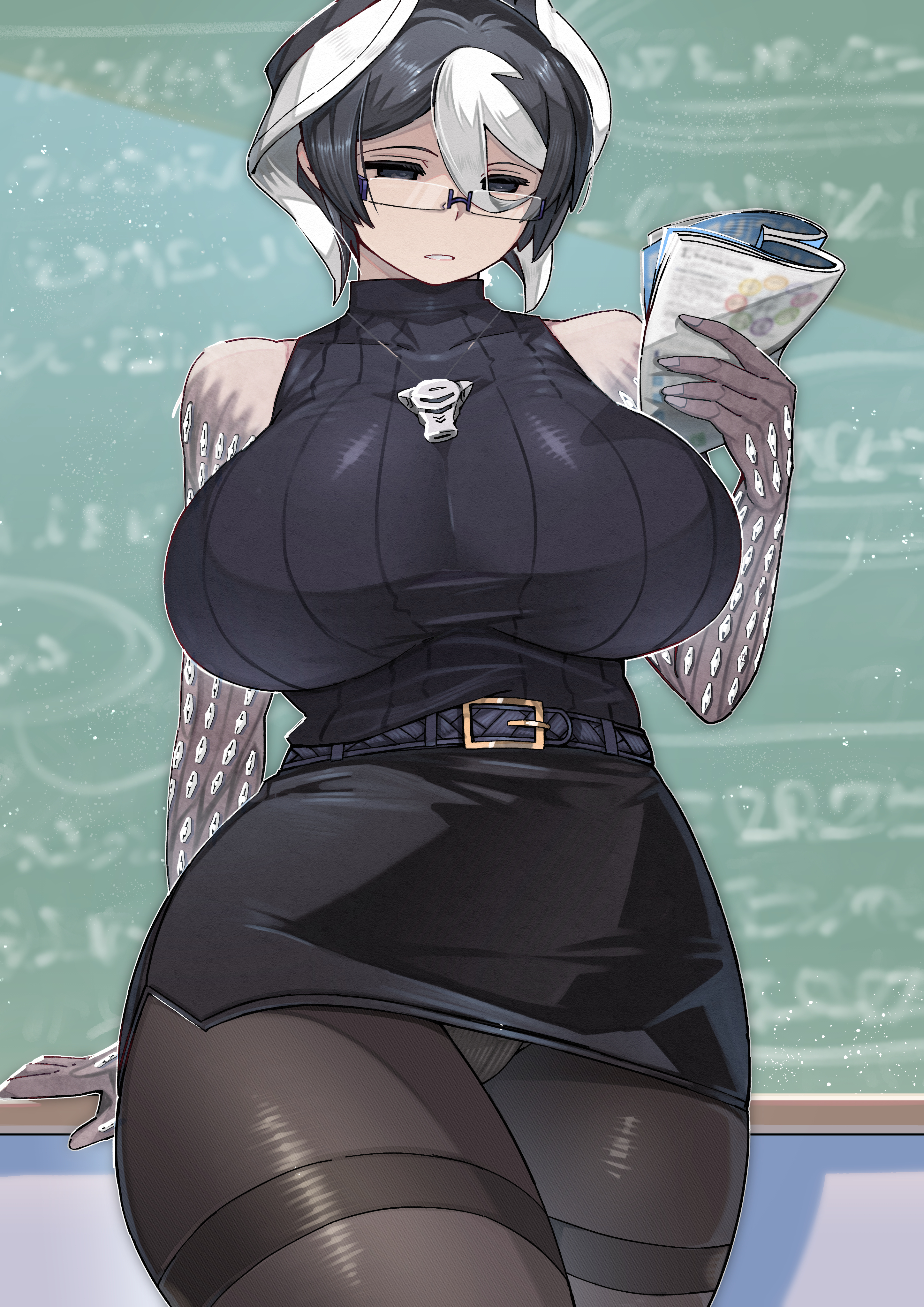alternate costume, big breasts, black and white hair, black eyes, blackboard, body markings, breasts, classroom, curvy, female, female only, fully clothed, glasses, hair between eyes, half-closed eyes, hi res, hourglass figure, huge breasts, kingofbandit156, light skin, light-skinned female, made in abyss, mature, mature female, miniskirt, necklace, ozen, pale skin, pale-skinned female, pantyhose, pencil skirt, reading, ribbed sweater, shaded face, short hair, sleeveless, solo, sweater, teacher, textless version, thighband pantyhose, turtleneck, two-tone hair, upskirt, whistle around neck, wide hips