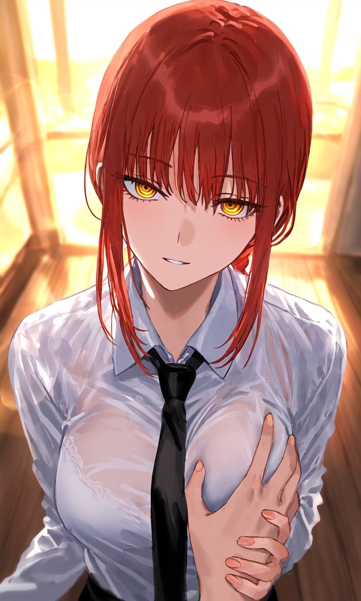 1girls, ai generated, breast grab, breasts, chainsaw man, eye contact, female, groping, holding, holding breast, holding hands, looking at viewer, makima (chainsaw man), necktie, office lady, pov, pov eye contact, pov hands, red hair, see-through, see-through clothing, smile, yellow eyes
