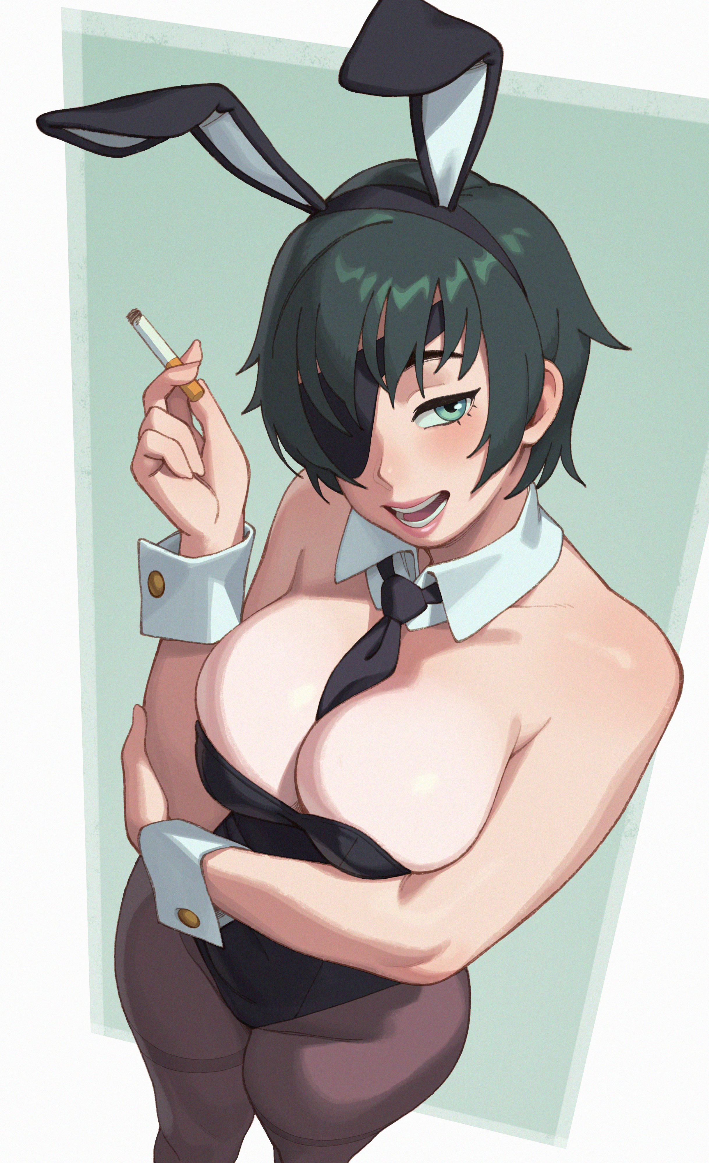 1girls, black bunnysuit, breasts, bunny ears, bunnysuit, chainsaw man, cleavage, detached collar, eye patch, eyepatch, fake animal ears, female, female only, himeno (chainsaw man), leotard, light skin, light-skinned female, looking at viewer, pale skin, pale-skinned female, pantyhose, rizdraws, short hair, smoking, smoking cigarette, solo, solo female, solo focus, source request, tie, tie between breasts, wrist cuffs, year request