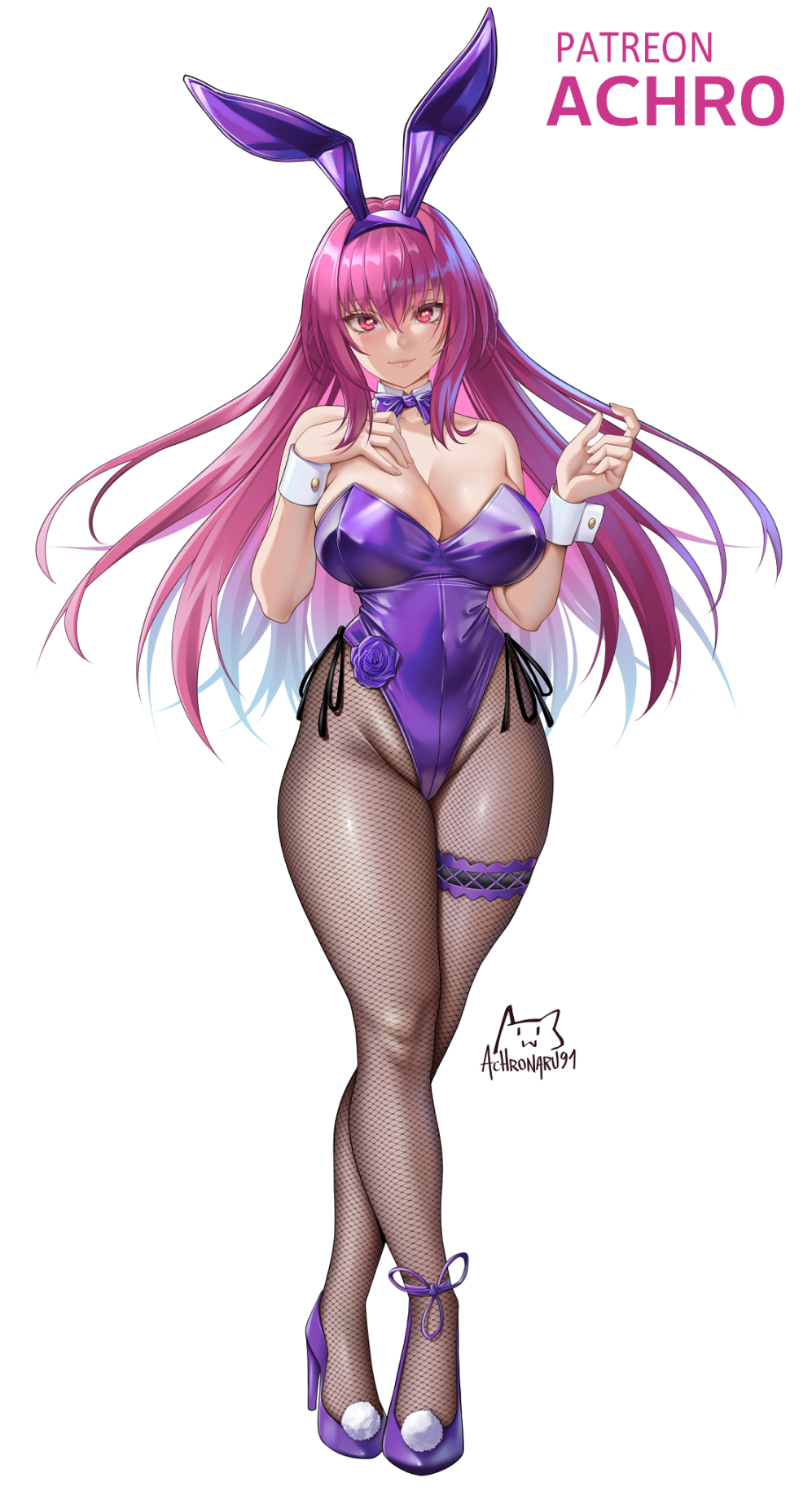 1girls achromaru breasts bunny_ears bunny_girl bunnysuit fate/grand_order fate_(series) female fishnets high_heels huge_breasts light-skinned_female long_hair purple_eyes purple_hair scathach_(fate) thick_thighs