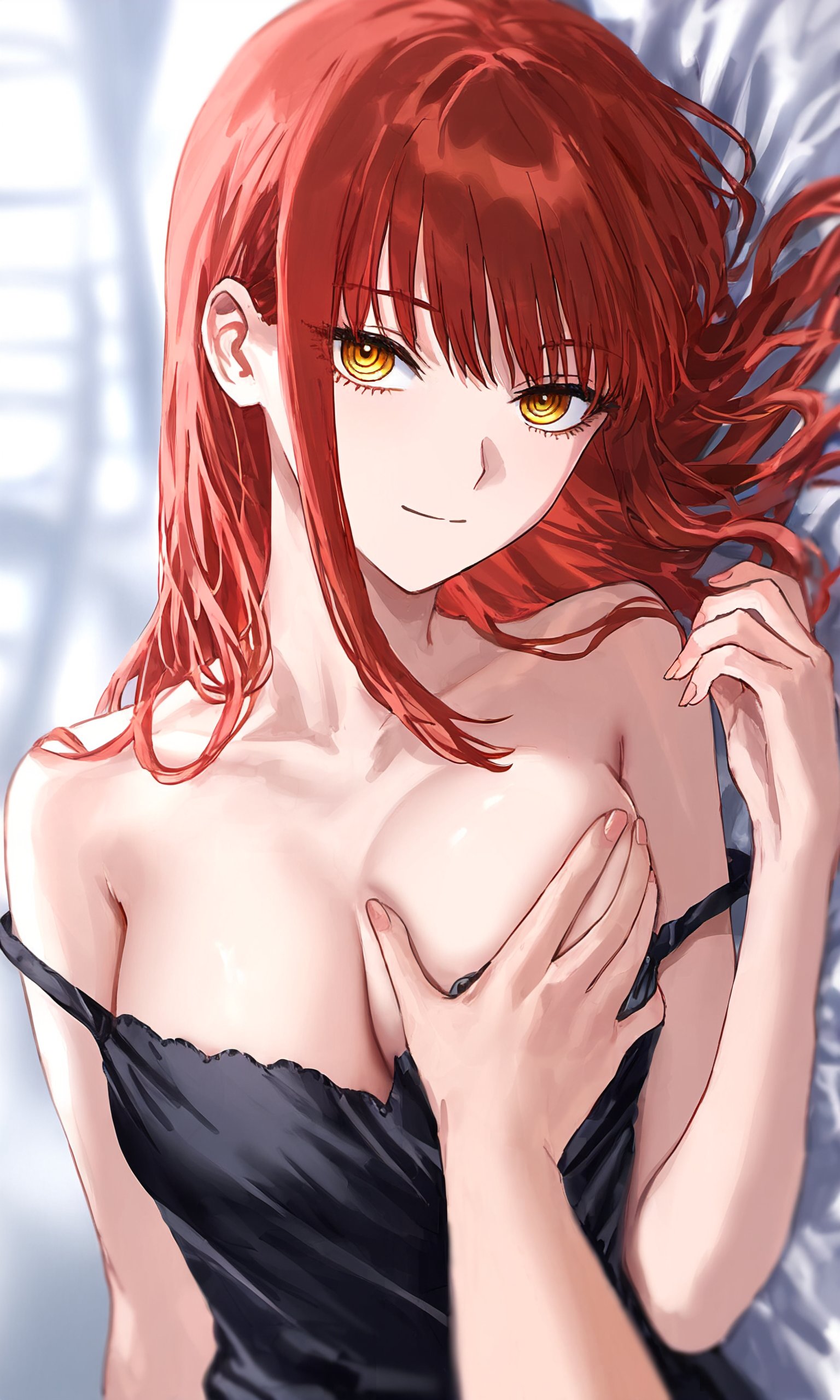 ai generated, alternate hairstyle, bare shoulders, bed, bed sheet, breast grab, breasts, chainsaw man, cleavage, eye contact, female, groping, hair, hair down, inviting, long hair, looking at viewer, lying, makima (chainsaw man), medium breasts, on bed, pov, pov eye contact, red hair, smile, strap slip, yellow eyes