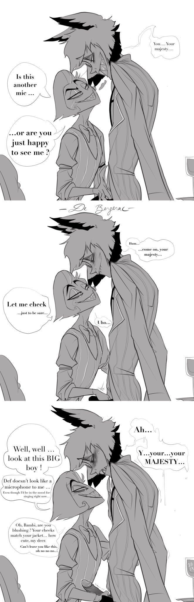 alastor (hazbin hotel), blushing, blushing male, boner, comic, dialogue, english text, gay, hazbin hotel, lucifer morningstar (hazbin hotel), male, male only, male/male, speech bubble, suit, suit and tie, yaoi
