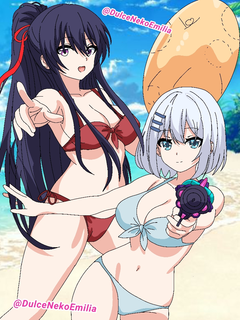 2girls ass beach belly bikini blue_eyes breasts date_a_live dulcenekoemilia female_only light-skinned_female multiple_girls purple_eyes purple_hair tobiichi_origami white_hair yatogami_tohka