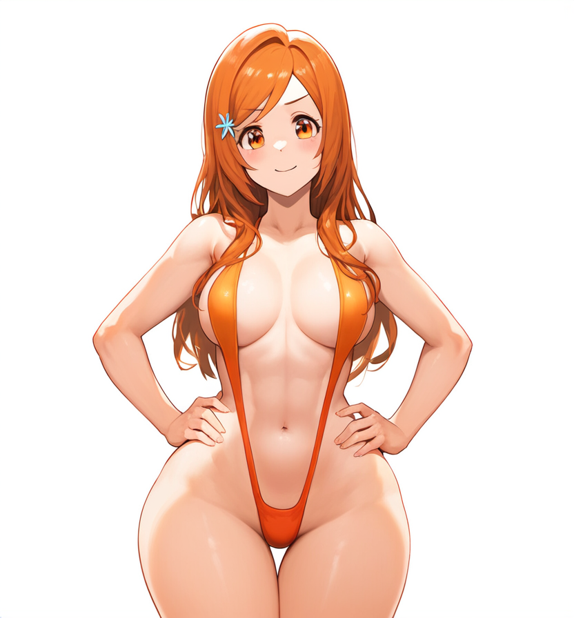 >:) ai_generated armpits bangs bleach blush breasts breasts_apart clavicle cleavage closed_mouth cowboy_shot curvaceous female hair_ornament hands_on_hips hourglass_figure inoue_orihime long_hair looking_at_viewer medium_breasts naughty_smile navel novelai one-piece_swimsuit orange_eyes orange_hair orange_swimsuit revealing_clothes simple_background slender_waist sling_bikini sling_swimsuit solo standing stomach swept_bangs swimsuit thigh_gap thighs v-shaped_eyebrows white_background wide_hips