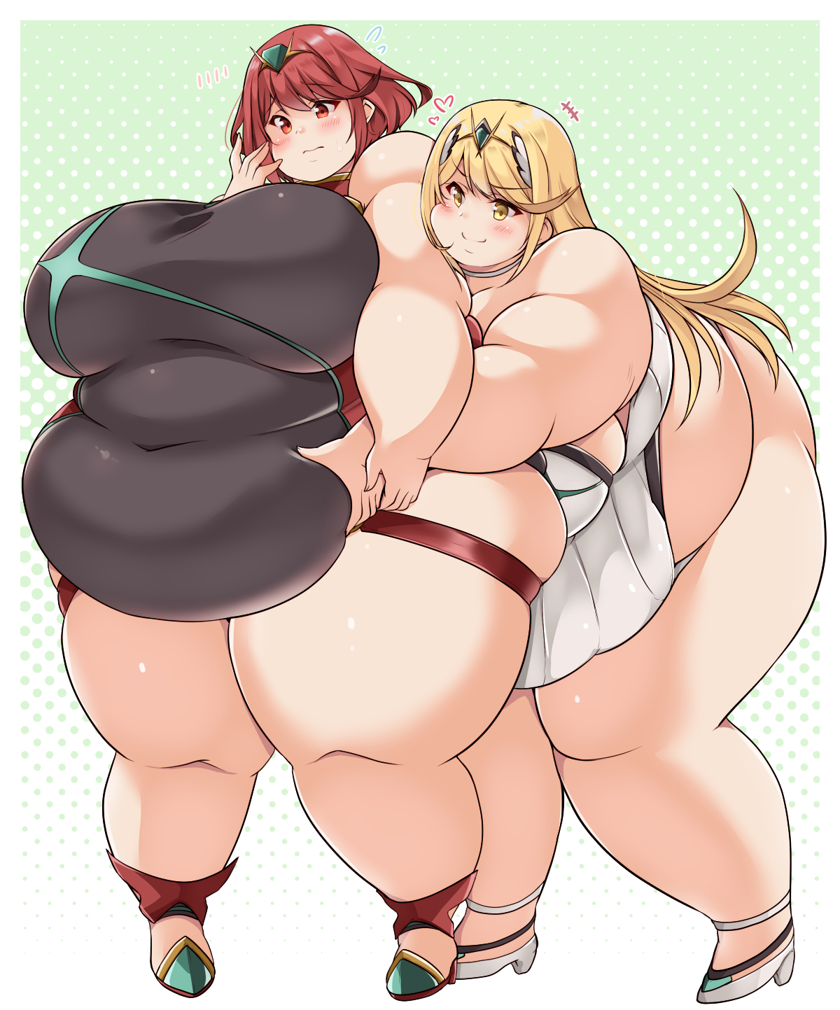2024, 2girls, ass, bbw, belly, belly grab, belly overhang, big belly, big female, blonde hair, blush, blushing, breasts, chubby, chubby female, duo, duo focus, embarrassed, fat, fat ass, fat female, fat fetish, fatty, female, female focus, female only, giantess, grabbing belly, groping, groping belly, groping from behind, hi res, high resolution, highres, huge belly, huge breasts, huge thighs, kurocaze, large female, long hair, looking down, matching hair/eyes, mini giantess, morbidly obese, morbidly obese female, mythra, nervous, obese, obese female, overweight, overweight female, pig, plump, pork chop, pyra, red eyes, red hair, short hair, teasing, thick thighs, thighs, tubby, voluptuous, weight gain, xenoblade (series), xenoblade chronicles 2, yellow eyes