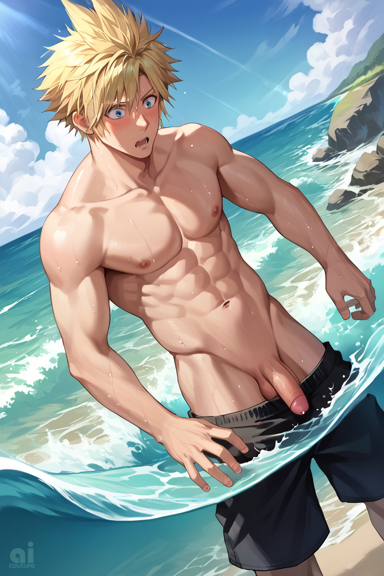 accidental_exposure ai_assisted ai_couture ai_generated beach blonde_male blush cloud_strife embarassed embarrassed_nude_male enm final_fantasy final_fantasy_vii final_fantasy_vii_remake flaccid flaccid_penis involuntary_exposure male male_only nature ocean outdoors square_enix swimming_trunks wardrobe_malfunction water