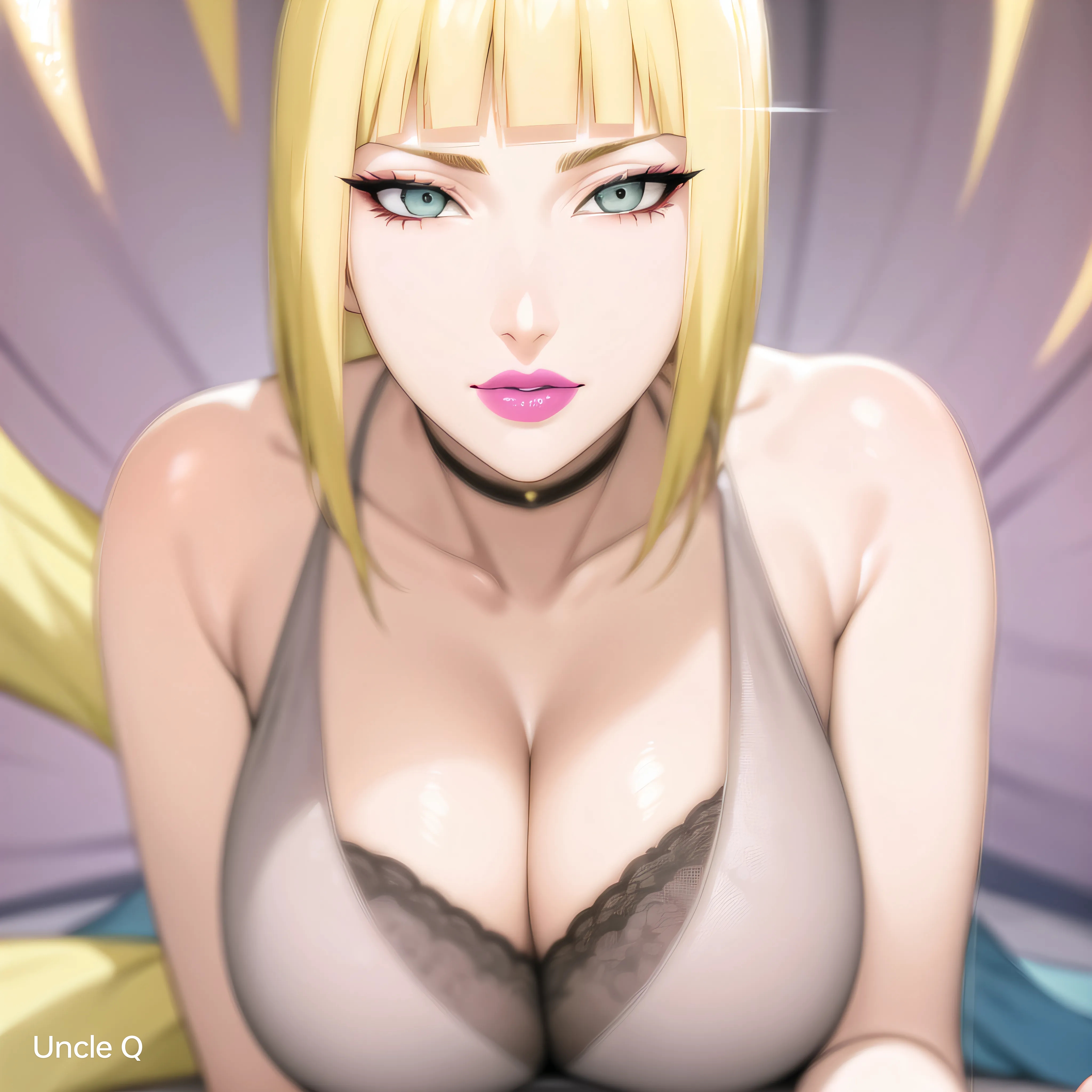 1girls, adapted costume, ai generated, bangs, bare chest, bare shoulders, big breasts, blonde hair, blue eyes, blunt bangs, bob cut, bra, breast focus, breasts, choker, cleavage, collar, depth of field, detailed eyes, exposed bra, eyelashes, facing viewer, female, female focus, female only, front view, hair, huge breasts, light skin, light-skinned female, lingerie, lingerie bra, lipstick, makeup, mature, mature female, milf, nai diffusion, naruto, naruto (series), naruto shippuden, neckwear, oppai, pink lipstick, presenting, presenting breasts, samui, short hair, solo, solo focus, stable diffusion, uncle q, underwear, upper body, upper body focus, voluptuous, voluptuous female, watermark, yellow hair