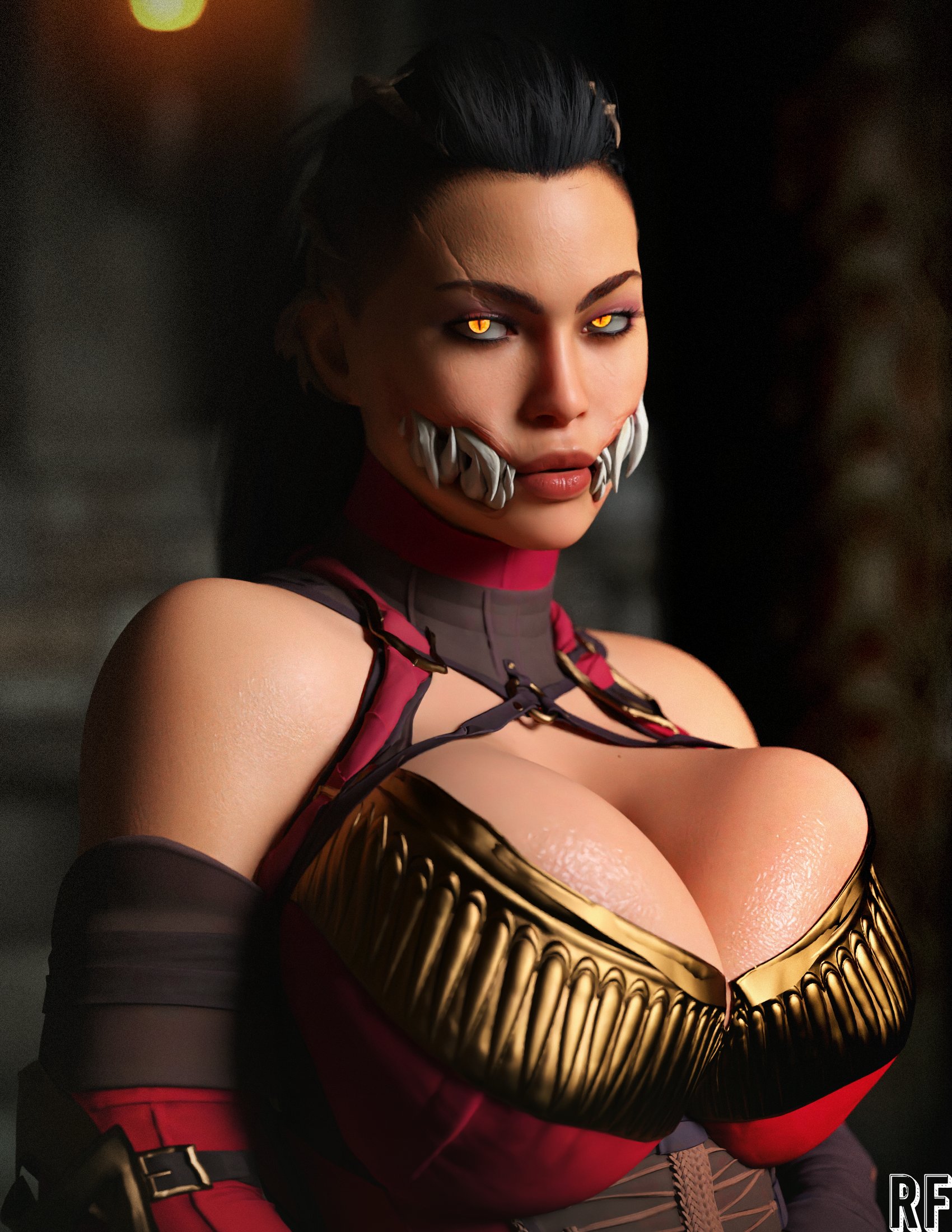 1girls, 3d, asian, asian female, big breasts, breasts, cleavage, female, female only, full lips, huge breasts, large breasts, light skin, light-skinned female, looking at viewer, mature female, mileena, monster girl, mortal kombat, mortal kombat 1 (2023), nightmare waifu, nipples, rude frog, sharp teeth, solo, solo female, tagme, tarkatan, villainess