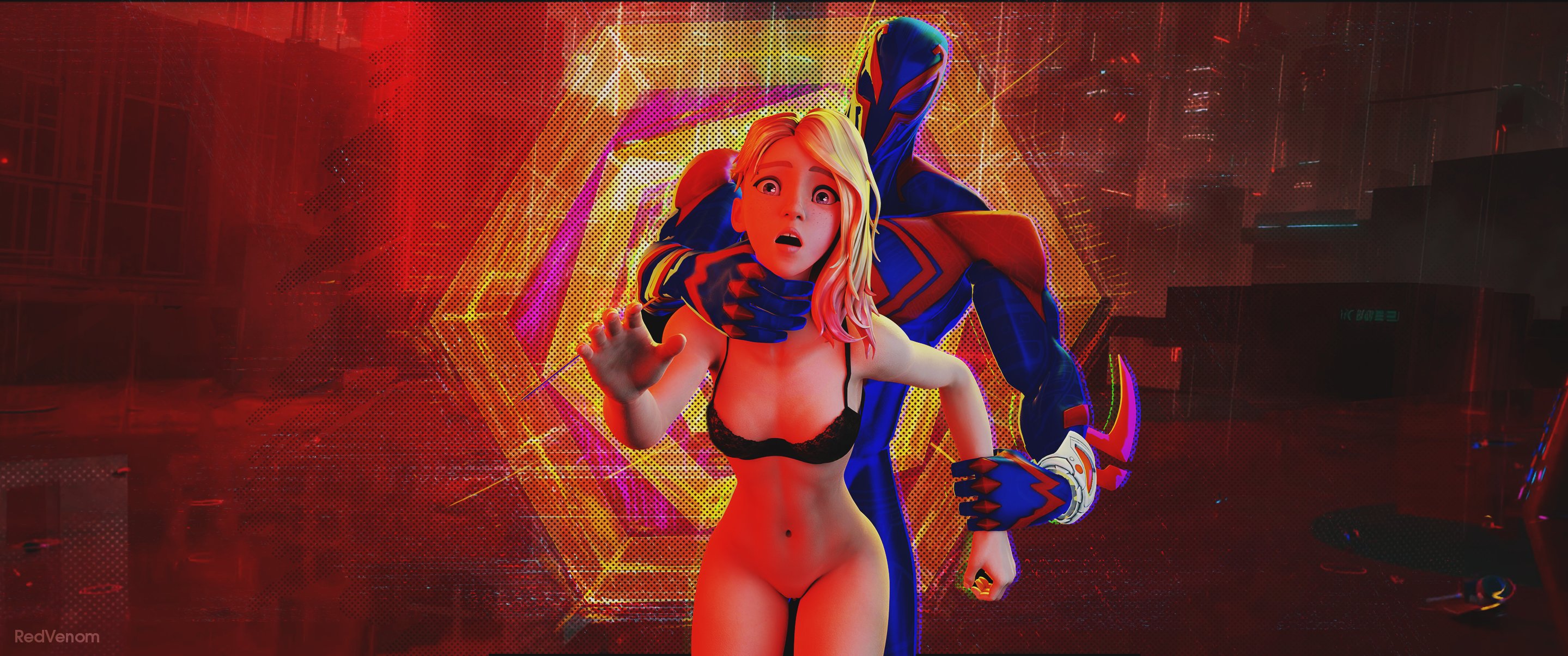 1boy, 1girls, 3d, 3d (artwork), asymmetrical hair, blonde female, blonde hair, blue eyes, captured, female, gwen stacy, gwen stacy (spider-verse), imminent rape, light skin, light-skinned female, male, marvel, marvel comics, miguel o'hara, multicolored hair, petite, rape, redvenom, skinny, skinny female, spider-gwen, spider-man (series), spider-man 2099, spider-man: across the spider-verse, spider-man: into the spider-verse, superhero, superhero costume, superheroine, teenage female, teenager