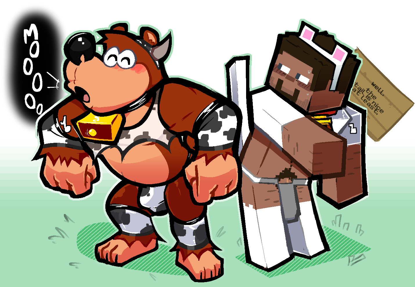 2boys banjo-kazooie banjo_(banjo-kazooie) blush cat_ears cat_tail catboy costume cow_bell cow_horns cow_print crossover duo erect_penis gay male_only minecraft pubic_hair ripped_clothing steve_(minecraft) thong torquewintress