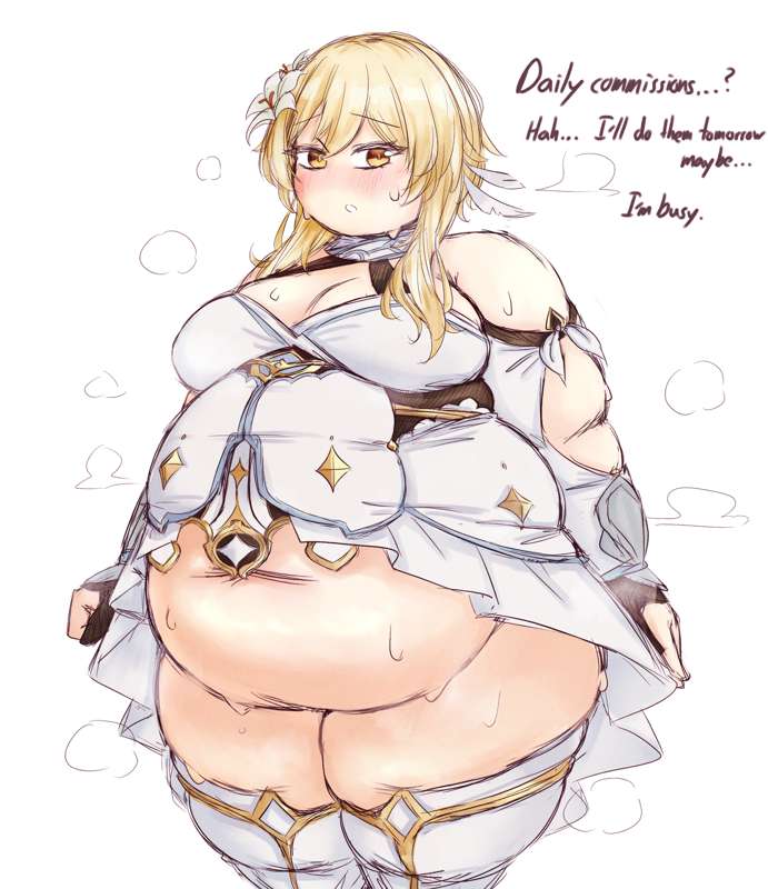 amber_eyes bbw belly_bulge belly_overhang blonde_female blonde_hair blonde_hair_female blush blushing bottomless bottomless_female chubby chubby_belly chubby_female chubby_legs closed_legs exhausted fat feather_hair_ornament feather_in_hair female female_focus female_only fingerless_gloves flowers_in_hair genshin_impact gloved_thumbs hair_accessory hair_bangs hair_flaps hair_ornament large_breasts lumine_(genshin_impact) mihoyo obese obese_female orristerioso short_hair solo_female steamy_body sweating sweaty_body talking talking_to_viewer thick_arms thick_hips thick_legs thick_thighs thigh_boots tight_clothing wardrobe_malfunction weight_gain white_background white_dress wrist_guards