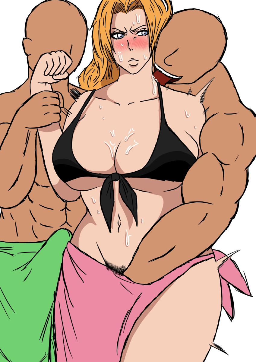 1girls 2boys big_breasts bleach blue_eyes blush boner dark-skinned_male groping groping_from_behind hairy_pussy hand_in_pants licking matsumoto_rangiku mole molestation navel orange_hair pubic_hair_peek shrimp_king sweat swimwear thick_thighs