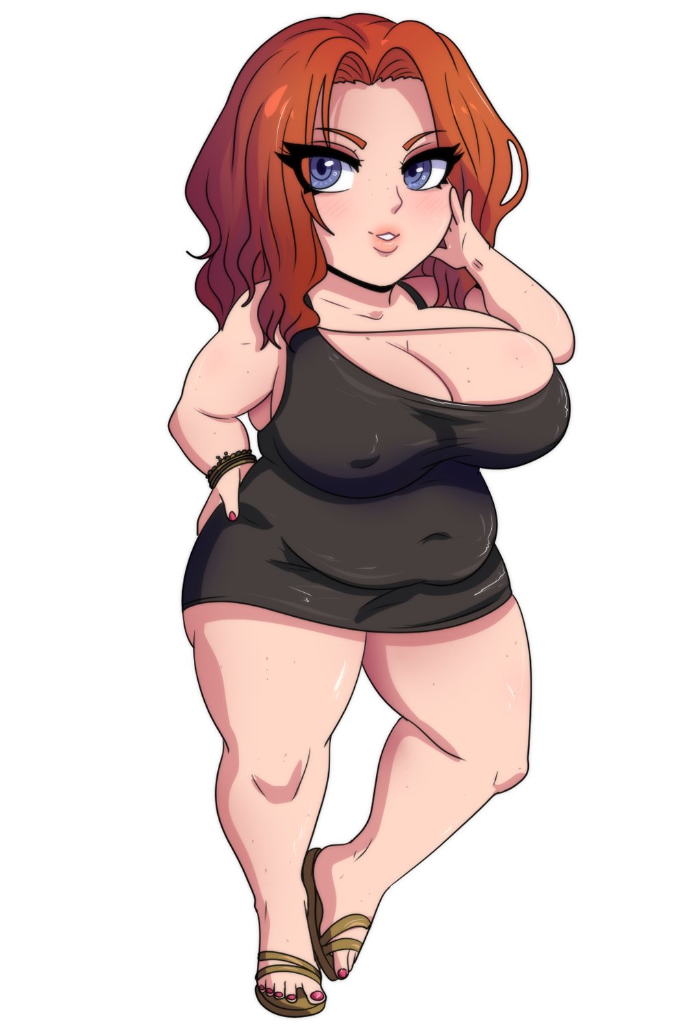 1girls ass bbw black_dress blush blush_lines bracelet breasts chibi chubby chubby_female dress eyeshadow fat_ass female freckled_skin freckles freckles_on_breasts freckles_on_face gift_art ginger ginger_hair hand_on_face hand_on_hip hand_to_face large_ass large_breasts medium_hair mia_(voidnimbus) minidress original original_character painted_nails painted_toenails pink_eyeshadow plump red_hair sandals shoulder_length_hair solo thick thick_thighs toeless_footwear trash-muffin venus_body white_background