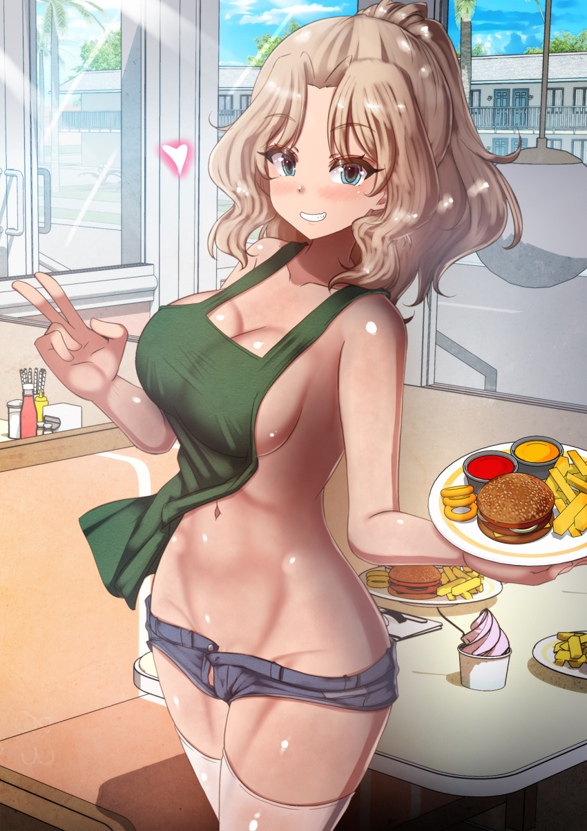 apron aquaegg big_breasts blonde_hair blue_eyes blue_shorts blush breasts burger female food french_fries girls_und_panzer grin high_res hotpants indoors kay_(girls_und_panzer) long_hair looking_at_viewer megadeko1 megadeko_(aquaegg) naked_apron navel no_bra no_panties ponytail short_shorts shorts sideboob smile stockings v white_thighhighs