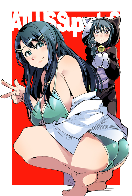 2girls alternate_costume ass bare_legs big_ass bikini braid braided_ponytail breasts brown_eyes catgirl cleavage female female_only fire_emblem green_bikini green_swimsuit hair_between_eyes hair_over_shoulder kurono_kiria large_breasts legs long_hair looking_at_viewer multiple_girls nintendo official_alternate_costume oribe_tsubasa red_background side_ponytail simple_background smile solo_focus squatting swimsuit teal_eyes teal_hair tiptoes tokyo_mirage_sessions_#fe uchiuchi_keyaki v