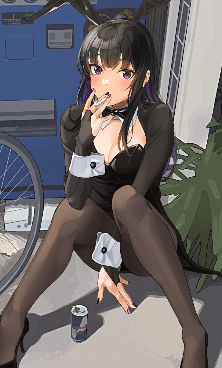 animal_ears black-haired_gal_(tipii) black_bow black_bowtie black_hair black_hairband black_leotard black_nails black_pantyhose blush bow bowtie breasts cigarette cleavage commentary_request detached_collar fake_animal_ears female hair_ornament hairband high_heels highres knees_up large_breasts legs leotard long_hair nail_polish original outdoors pantyhose playboy_bunny purple_eyes purple_nails rabbit_ears red_bull sitting smoking solo tipii vending_machine