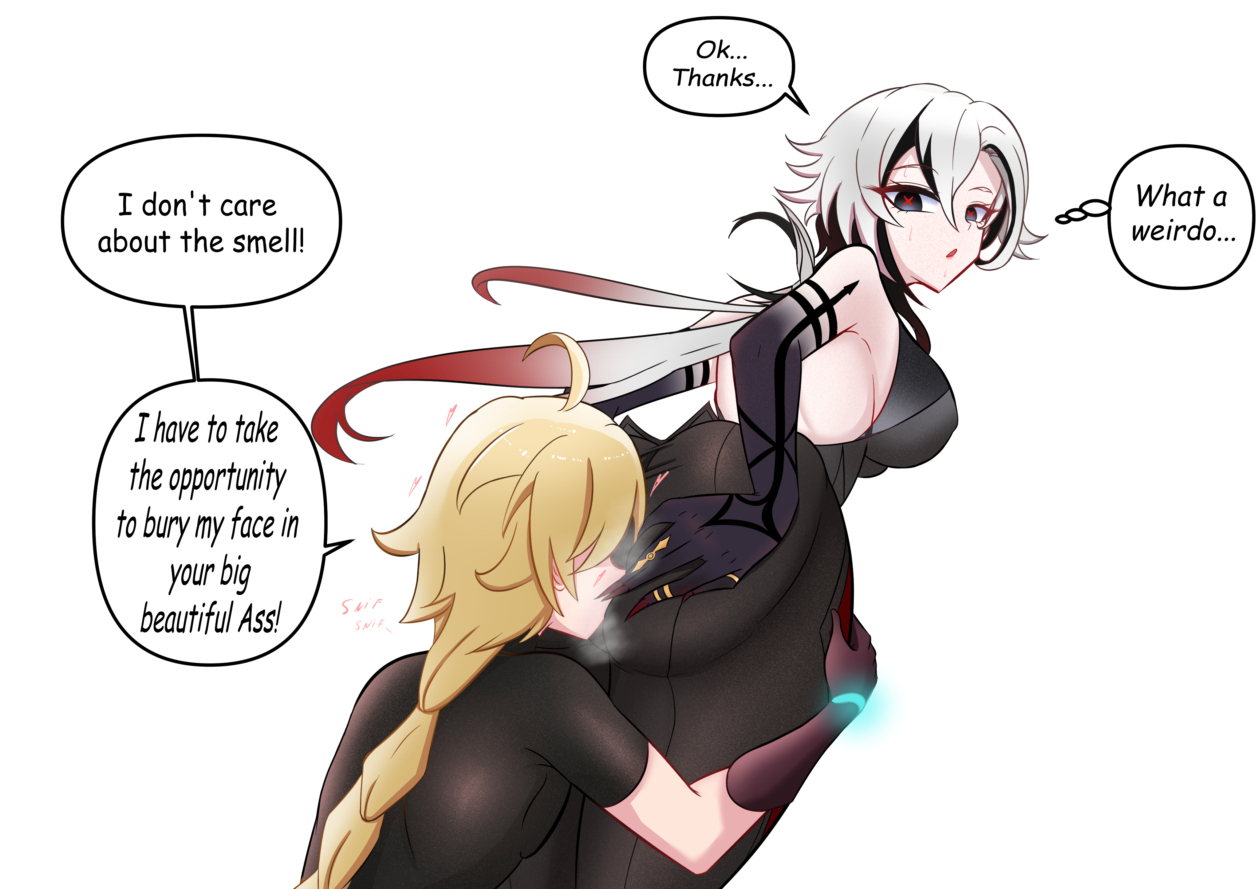 1boy, 1girls, aether (genshin impact), arlecchino (genshin impact), ass, color, dialogue, drawing, english text, facesitting, fat ass, female, fetish, genshin impact, long hair, male, mihoyo, straight, taller female, text, thick thighs, unknown artist