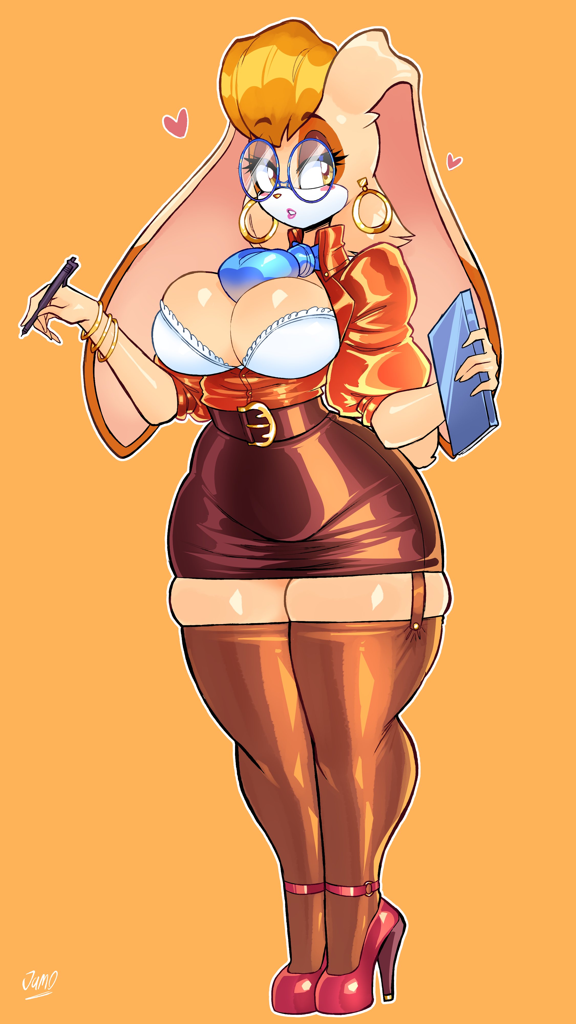 1girls, anthro, belt buckle, big breasts, blue glasses, blue tie, book, bra, breasts, brown stockings, bunny girl, cleavage, female, floating heart, garter straps, glasses, heart, heels, hoop earrings, jamoart, lagomorph, lipstick, long ears, looking at viewer, milf, office lady, orange background, orange hair, pen, pencil skirt, rabbit, red heels, round glasses, skindentation, solo, sonic (series), sonic the hedgehog (series), stockings, thick thighs, thighhighs, tie, vanilla the rabbit, white bra, wide hips