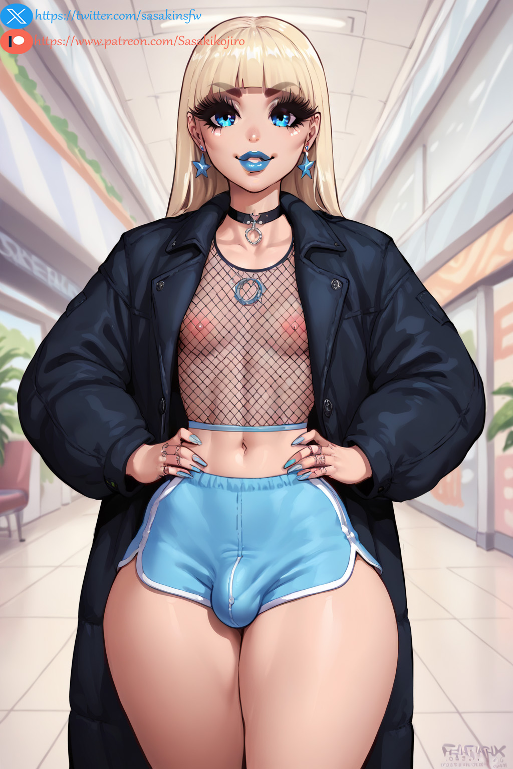 1futa ai_generated blonde_hair blue_eyes blue_lipstick earrings fishnet_topwear fishnets light-skinned_female light_skin lipstick necklace nipples sasakinsfw shorts solo solo_futa stable_diffusion