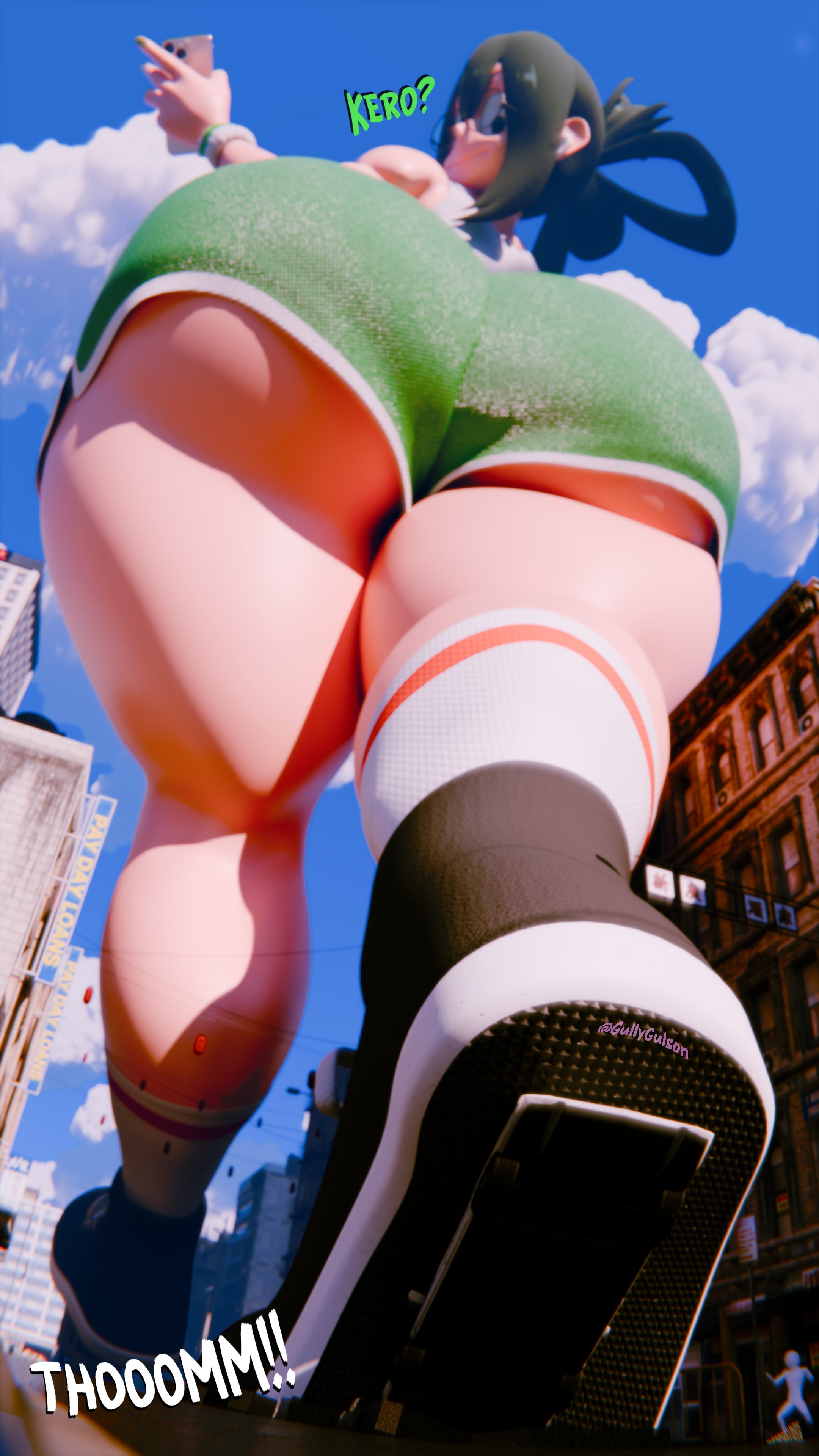 1girls, ass, big ass, boku no hero academia, breasts, bubble ass, bubble butt, female, female only, giantess, gigantic ass, gullygulson, huge ass, huge breasts, long hair, looking at viewer, looking back, my hero academia, short shorts, shorts, solo, solo female, thick, thick ass, thick thighs, thighs, tsuyu asui, voluptuous, voluptuous female, wide hips