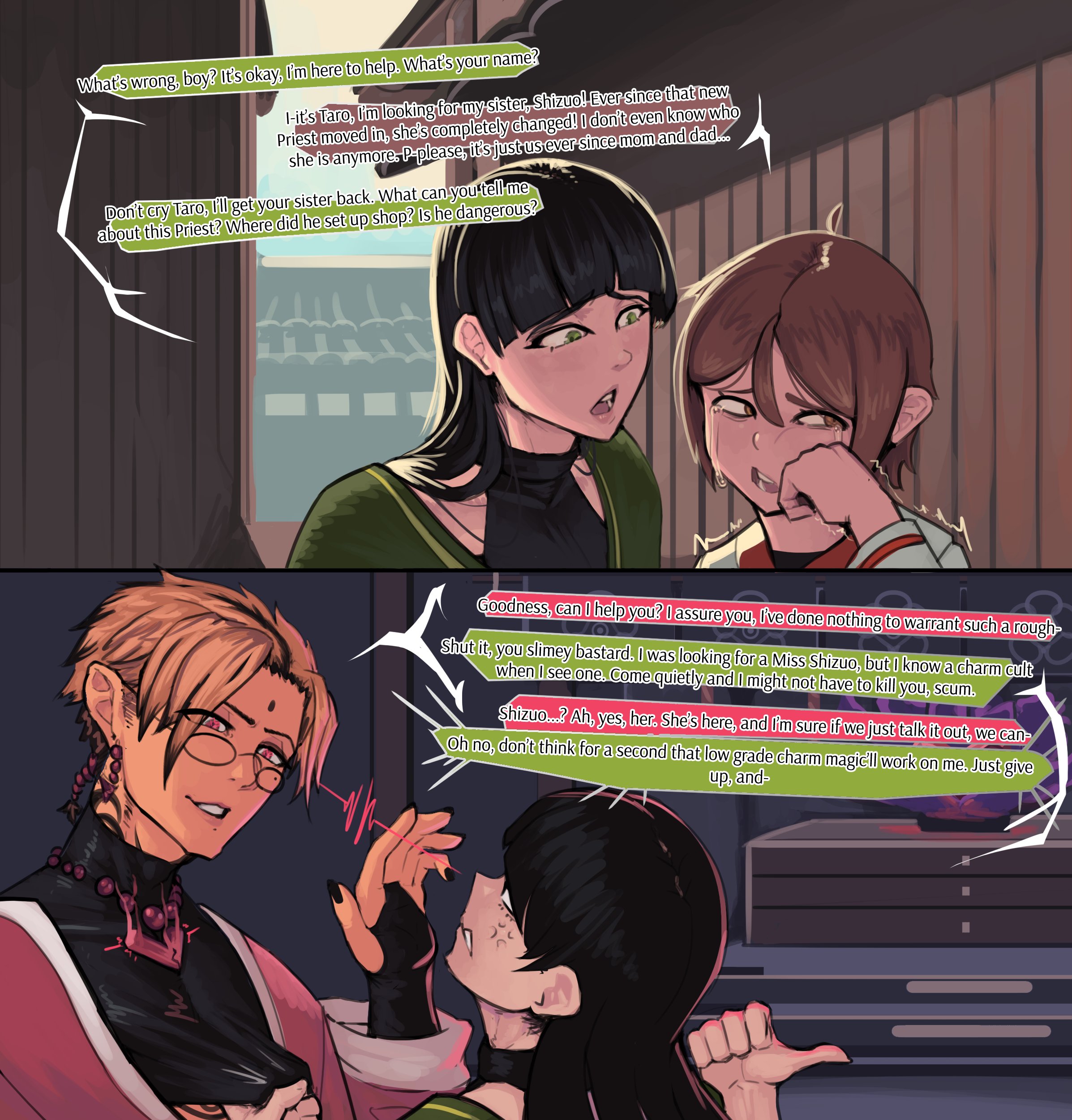 1girls, 2024, 2boys, amulet, angry, black hair, black nails, bodystocking, boxman, brown hair, clothed, clothed female, clothed male, comic, crying, dialogue, english text, eyewear, female, fingerless gloves, glasses, green eyes, hi res, high resolution, highres, long hair, male, mole, mole under eye, mole under mouth, oc, orange hair, original, priest, skintight, tears, text, text focus