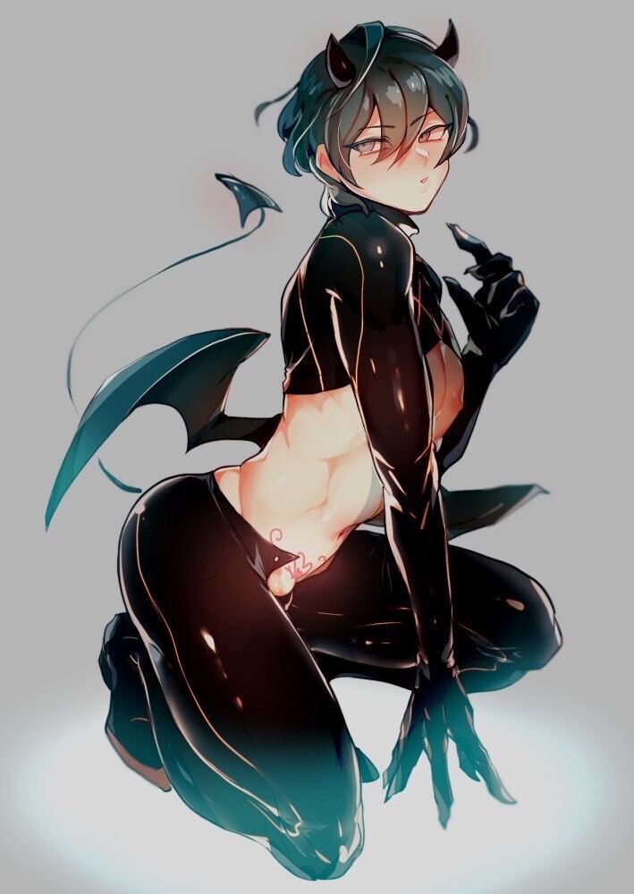 1boy, bare midriff, blue eyes, byebyefrog, byleth (fire emblem), byleth (fire emblem) (male), demon, demon boy, elbow gloves, femboy, fire emblem, fire emblem: three houses, gloves, incubus, male, male only, midriff, nintendo, nipples, on one knee, pants, pubic tattoo, short hair, solo, tail, tattoo, teal hair