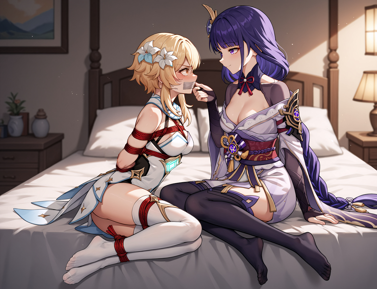 ai generated, angry, arms tied behind back, blonde hair, bondage, bound ankles, bound legs, female, femdom, femsub, gag, gagged, genshin impact, looking at another, lumine (genshin impact), on bed, purple eyes, purple hair, raiden shogun, smile, tape gag, yellow eyes