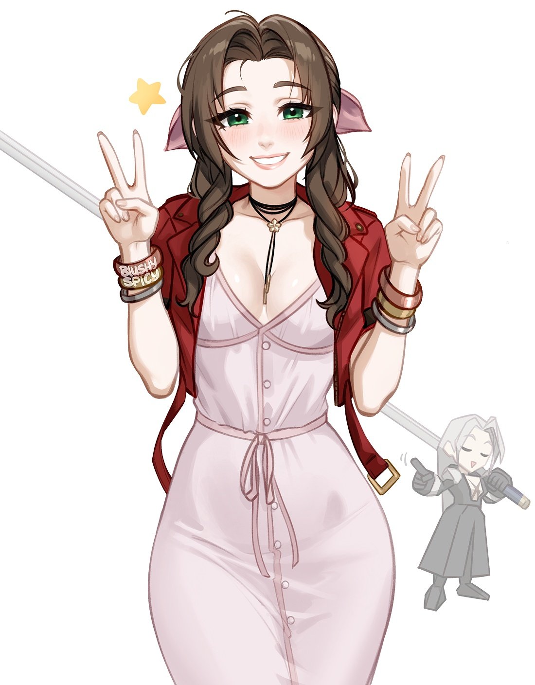 1boy 1girls aerith_gainsborough blushypixy blushyspicy braid braided_hair brown_hair clothed clothing cute cute_face final_fantasy final_fantasy_vii green_eyes happy heroine human human_only light-skinned_female light_skin looking_at_viewer necklace peace_sign sephiroth silver_hair simple_background smile smiling smiling_at_viewer square_enix stalker twintails villain white_background white_hair white_skin wholesome young