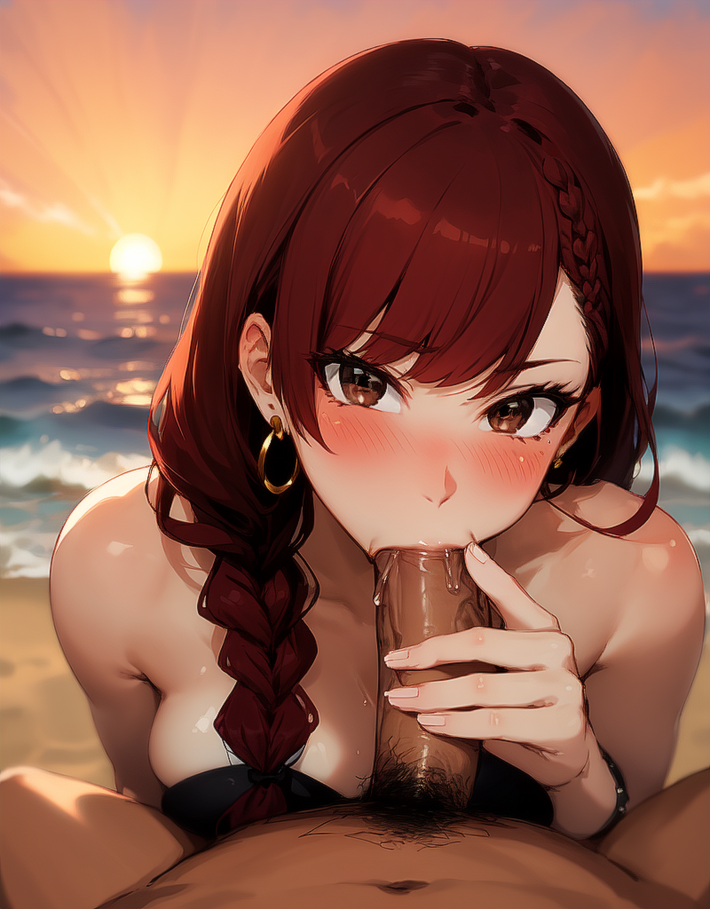 1girls ai_generated beach blowjob dark-skinned_male earrings fairy_tail fellatio irene_belserion looking_at_viewer oral oral_sex partial_male payop pov pov_blowjob sunset