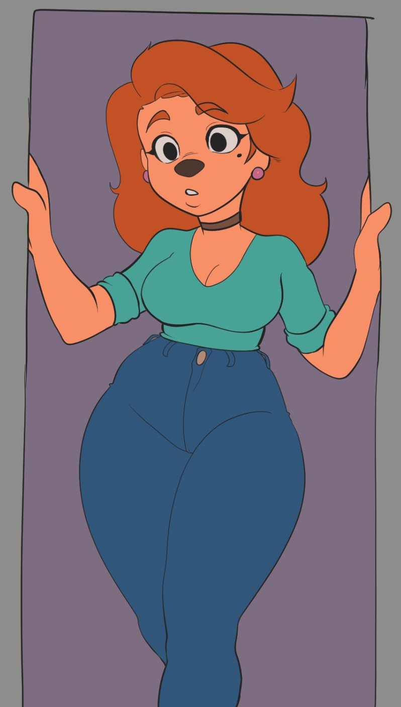 1girls anthro arms_up black_eyes black_nose blue_legwear blue_pants breasts choker cleavage disney doggirl doorframe earrings eyebrows eyelashes female ginger ginger_hair goof_troop green_clothing green_shirt green_topwear jeans medium_hair mole mole_under_eye orange_hair pink_earrings red_head roxanne_(goof_troop) shoulder_length_hair shybred solo tucked_shirt