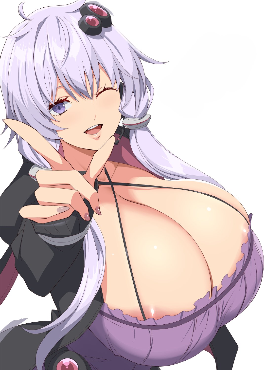 1girls alternate_breast_size areola_slip areolae breasts breasts_bigger_than_head busty cleavage clothing dekapaiyukari female female_only huge_breasts kloah large_breasts looking_at_viewer open_mouth purple_eyes purple_hair smile solo vocaloid voiceroid white_background wink yuzuki_yukari