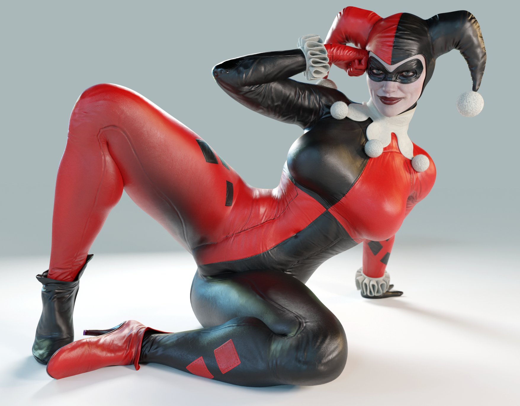 1girls, 3d, 3d (artwork), batman (series), batman: arkham knight, big breasts, bodysuit, breasts, clown, clown girl, curvaceous, curvy, curvy figure, dc, dc comics, female, female only, harley quinn, harley quinn (classic), harley quinn (injustice), high heels, hourglass figure, injustice 2, jester, jester cap, jester costume, jester girl, jester hat, jester outfit, large breasts, pose, posing, smitty34, solo, solo female, thick legs, thick thighs, villain, villainess