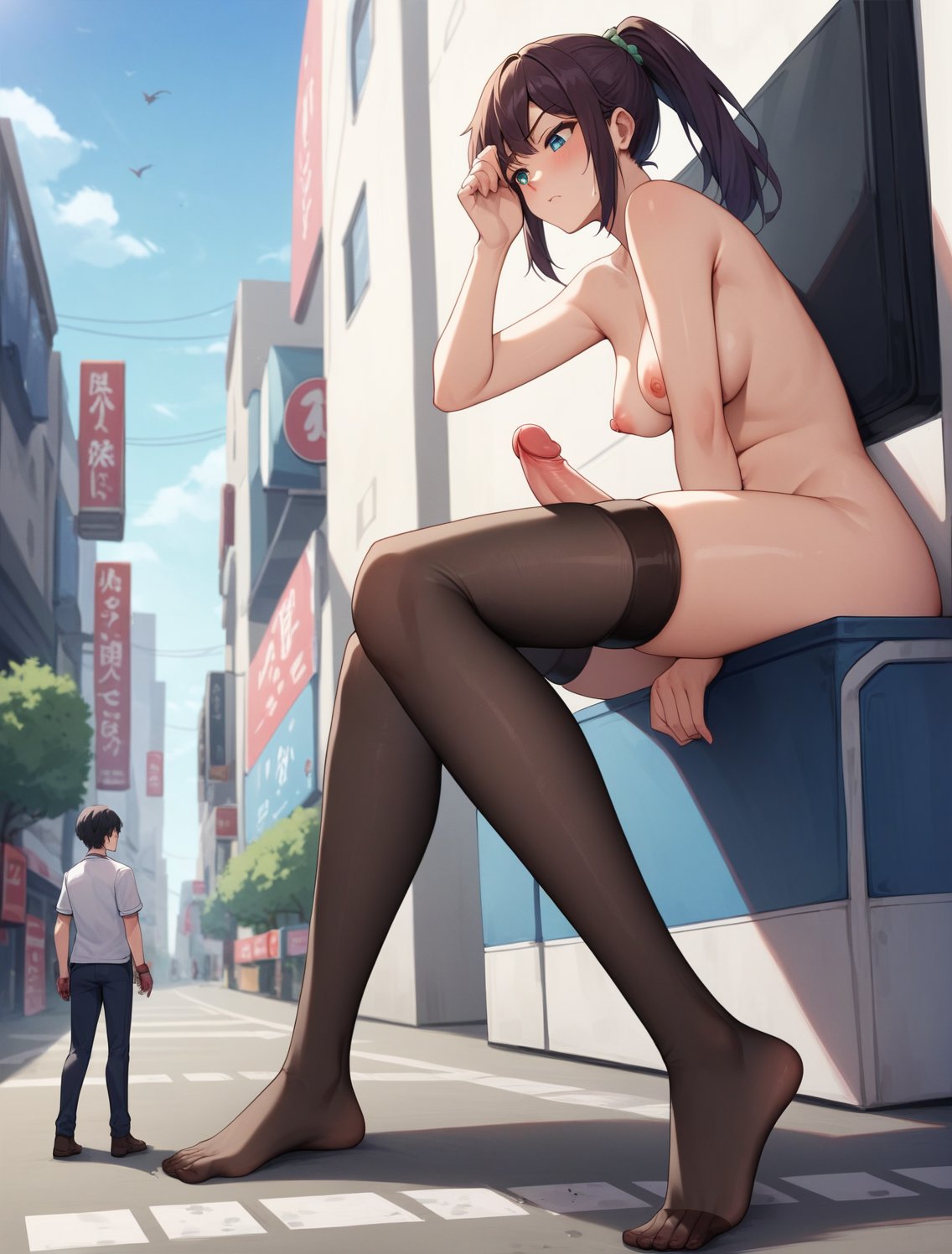 1boy, 1futa, ai generated, big breasts, birds, black hair, black-haired male, breasts, brown hair, brown-haired futa, brunette futa, clothed, clothed male, erect cock, erect penis, erection, flying, futanari, giant cock, giantess, intersex, large boobs, large breasts, light skin, light-skinned futa, light-skinned male, male, naked, naked futa, nude, nude futa, nudity, penis, sitting, spalela, standing
