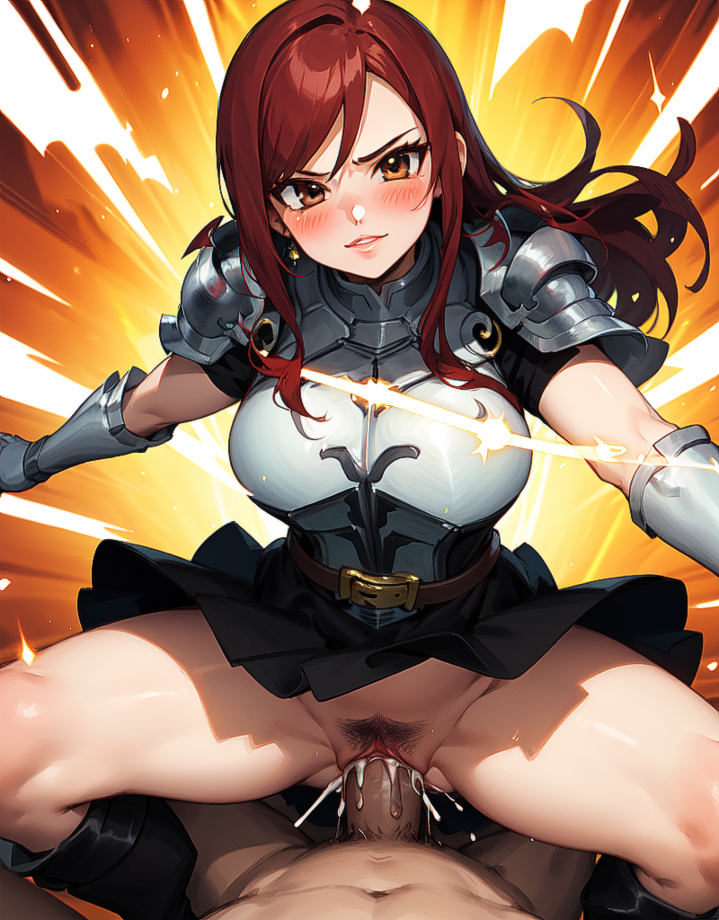 1boy 1girls ai_generated armor blush breasts cowgirl_position cum cum_in_pussy dynamic_pose erza_scarlet fairy_tail intense_stare large_breasts magic no_panties partial_male payop penis pov pubic_hair pussy sex skirt vaginal_penetration vaginal_sex