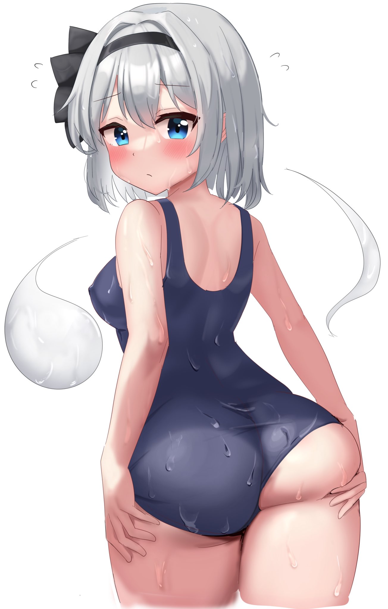 ass black_hairband black_one-piece_swimsuit blue_eyes blush breasts commentary covered_erect_nipples cowboy_shot female flying_sweatdrops from_behind ghost grey_hair hair_intakes hairband highres konpaku_youmu konpaku_youmu_(ghost) large_breasts looking_at_viewer one-piece_swimsuit short_hair solo swimsuit touhou wedgie wet youmu-kun youmu_konpaku