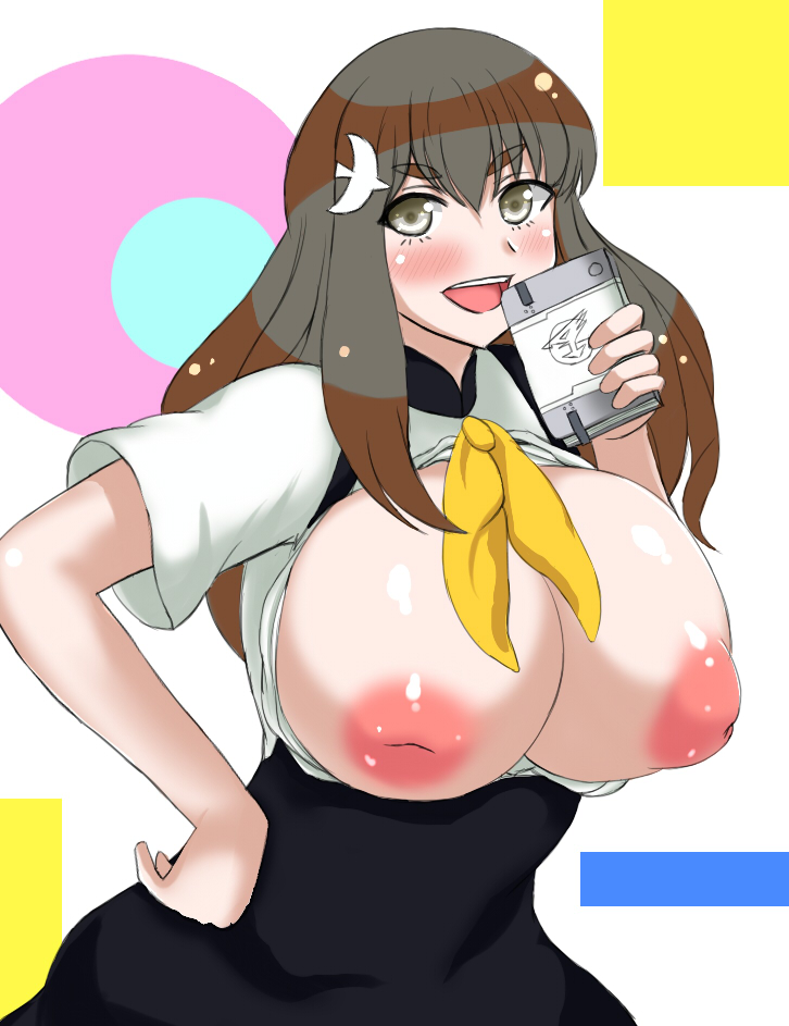 1girls 2010s areola areolae big_breasts blush breasts breasts_out brown_eyes brown_hair casual casual_nudity exposed_breasts eyes female female_only fully_clothed gatchaman gatchaman_crowds hair huge_breasts human ichinose_hajime inverted_nipples large_breasts light-skinned_female light_skin long_hair puffy_nipples solo