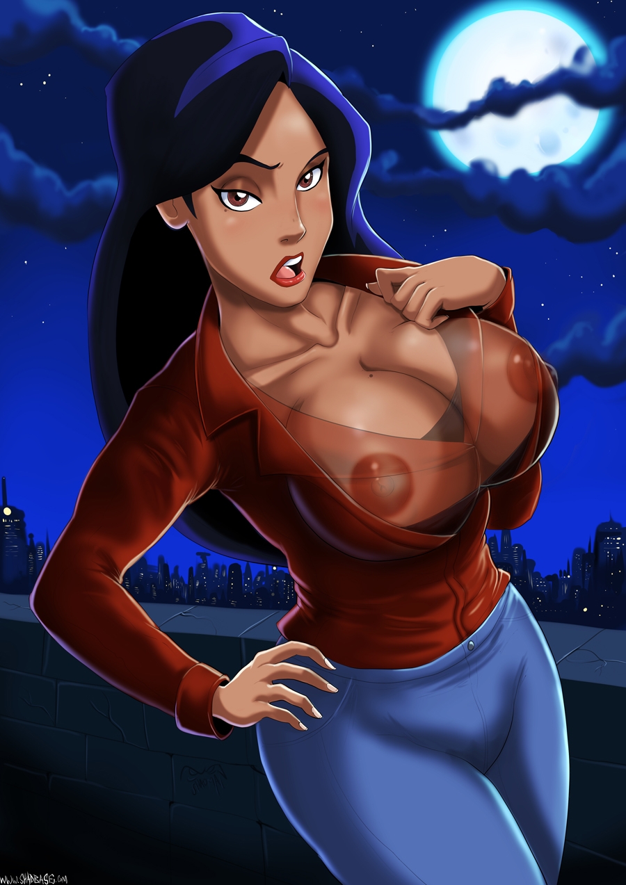 big_breasts black_hair brown_eyes cleavage clothed disney elisa_maza female female_only gargoyles looking_at_viewer nipples open_mouth pants see-through shadman sheer solo suzuka_(edit) tagme