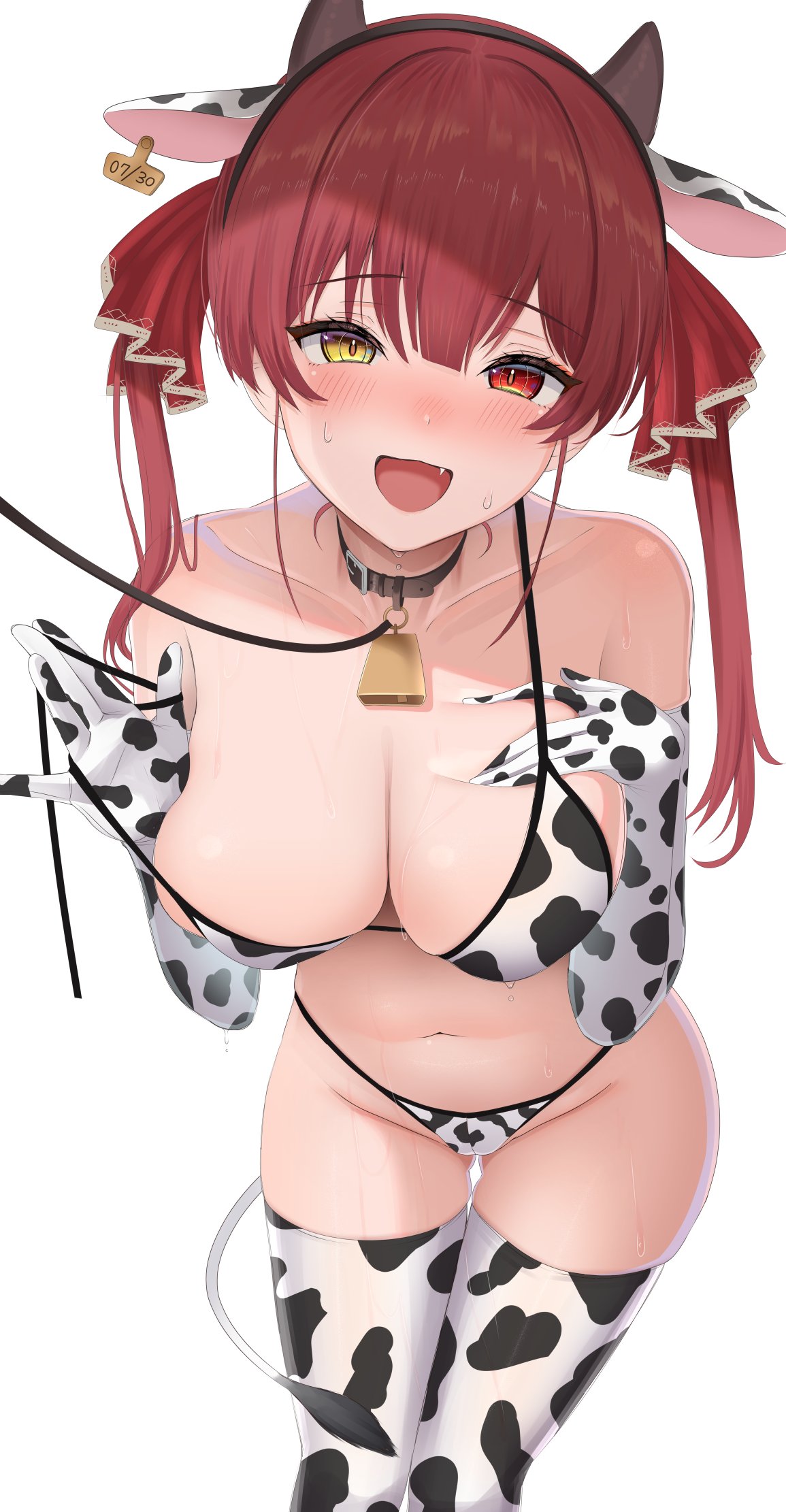 bikini cow_print cow_print_bikini heterochromia hololive hololive_fantasy hololive_japan houshou_marine sweat tagme tojo_aoi virtual_youtuber